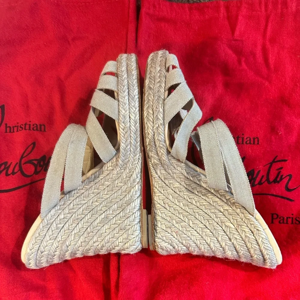 Christian Louboutin Gold Metallic Canvas Delfin 120 Espadrille Wedges Shoes, 38 - Picture 6 of 11